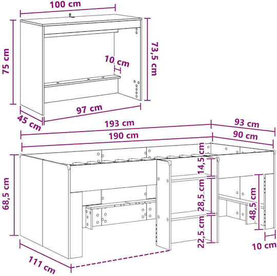 Pat Single pentru Copii cu Birou Alb pentru Saltea 90x190cm