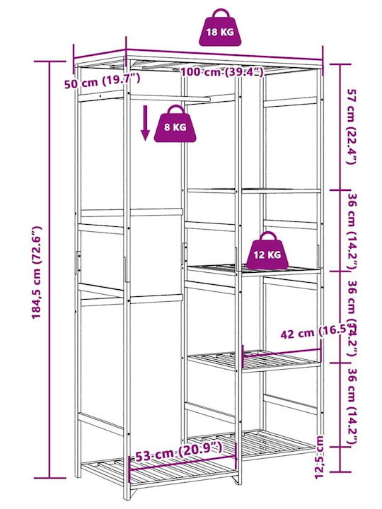 vidaXL Floor Garment Rack Bamboo Telescopic Beige 100x50x184.5cm