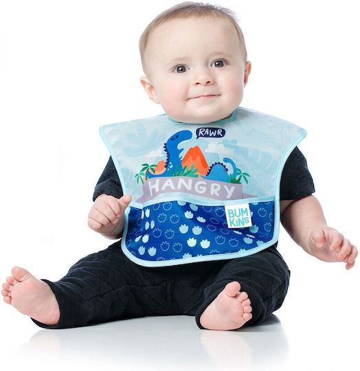 Bumkins SuperBib Dino Αδιάβροχη Σαλιάρα Πλαστική με Αυτοκόλλητο & Τσέπη Μπλε για 24 m+ 3τμχ