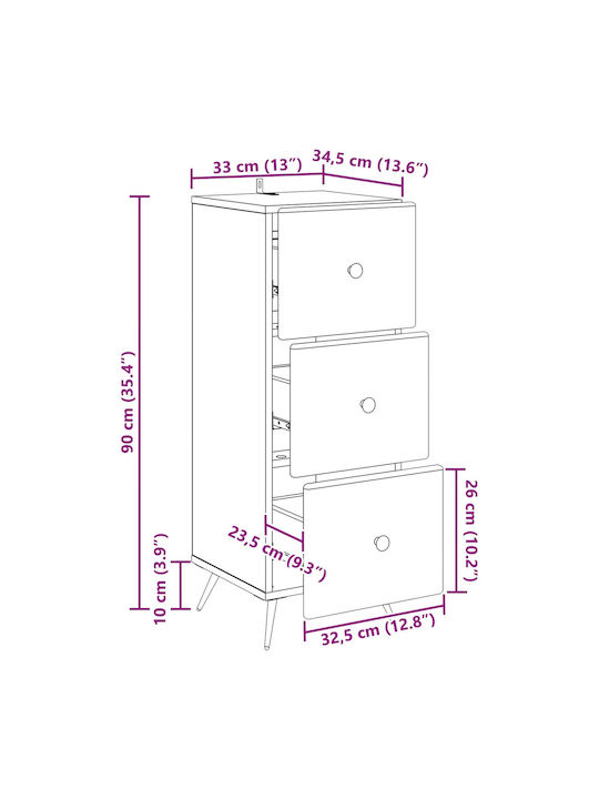Wooden Storage Drawer Chest with 3 Drawers M33xW34.5xH90cm