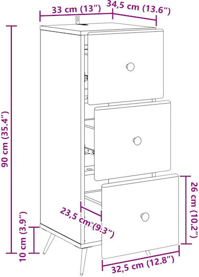 Sertar de Depozitare din Lemn cu 3 Sertare M33xL34.5xÎ90cm
