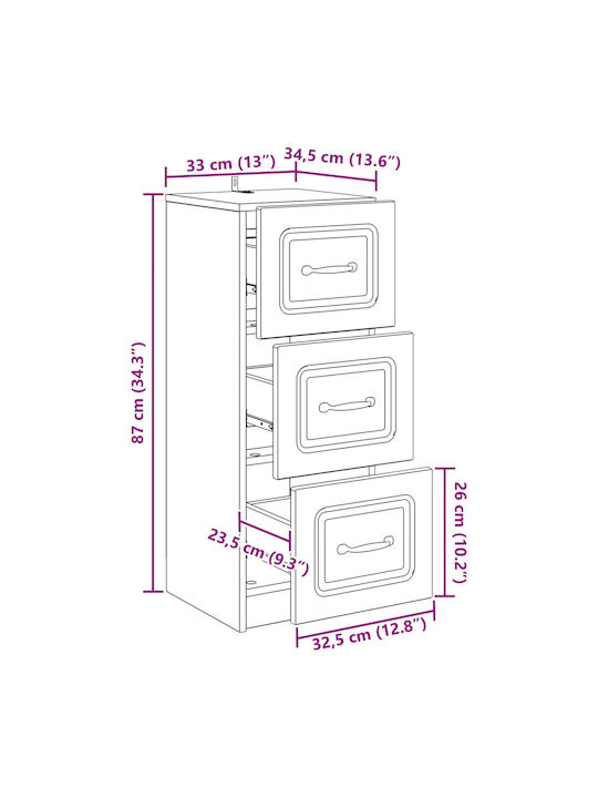 Wooden Storage Drawers with 3 Drawers L33xW34.5xH87cm