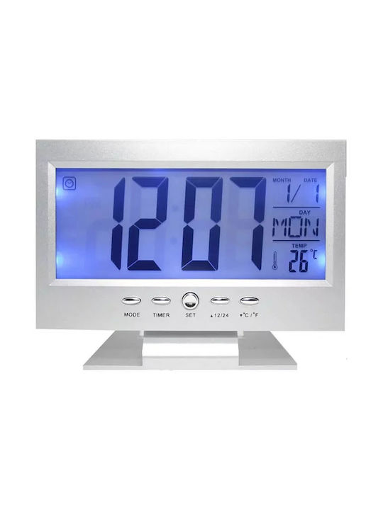 Επιτραπέζιο Ψηφιακό Ρολόι LCD με Ξυπνητήρι Ασημί DS-8082