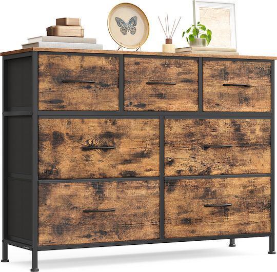 Kommode Schlafzimmer aus Holz & Metall mit 7 Schubladen Braun-Schwarz mit Stoffüberzug 98.8x30x73.7cm Kommode Schlafzimmer aus Holz & Metall mit 7 Schubladen Braun-Schwarz mit Stoffüberzug 98.8x30x73.7cm