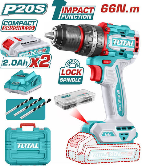 Total Κρουστικό Δραπανοκατσάβιδο Μπαταρίας Brushless 20V 2x2Ah