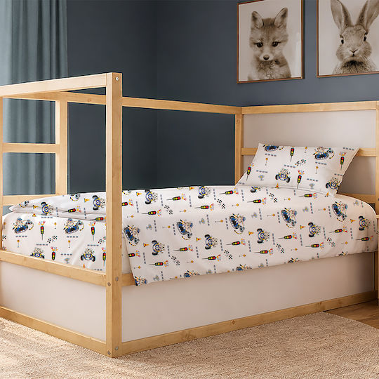 Dimcol Single Cotton Sheet Set Animal Grand Prix 589 White-Blue 160x240cm 3pcs