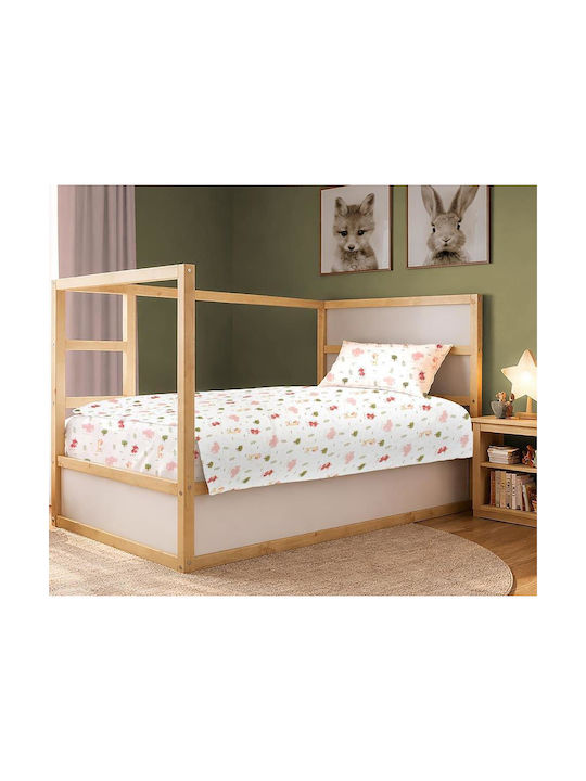 Dimcol Single Cotton Sheets Set Happy Safari 712 White Pink 160x240cm 2 Pieces