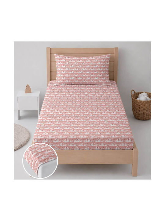 Astron Italy Kids Sheets Set Single with Elastic Band Cotton Swan Pink 100x200cm 3 Pieces