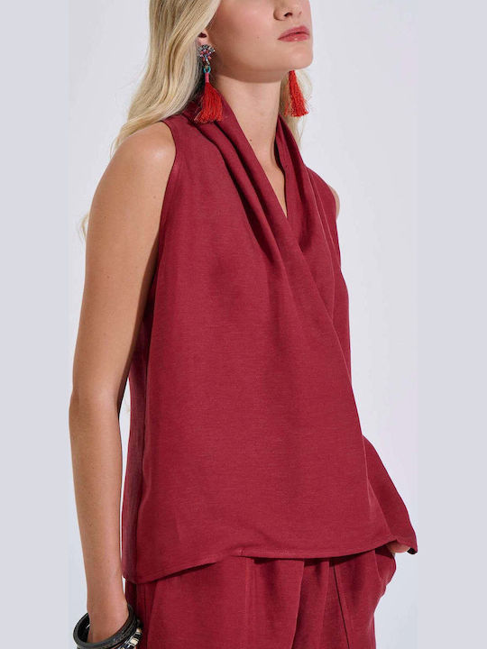Women's Summer Linen Sleeveless Blouse Burgundy