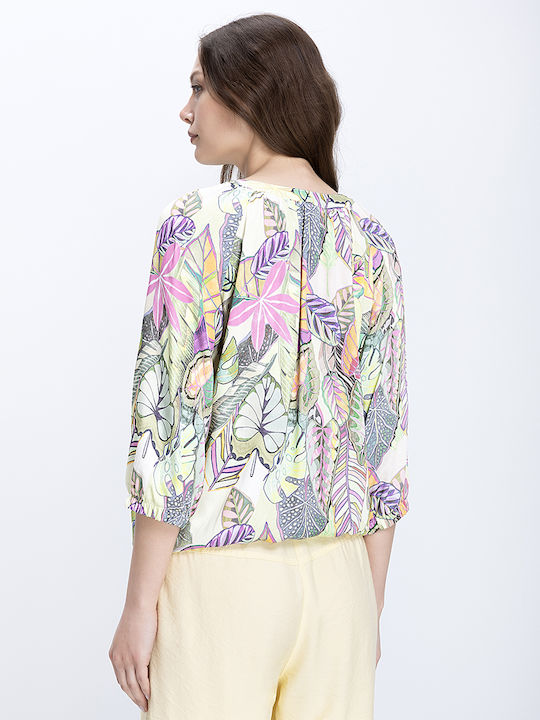 Damen Sommer Leinen Bluse mit 3/4 Ärmel & V-Ausschnitt Blumen Mehrfarbig