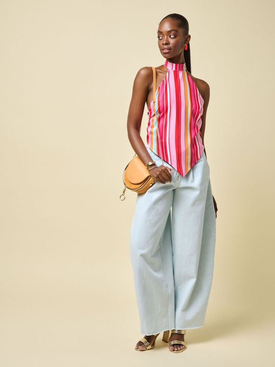 Women's Blouse Off-Shoulder Sleeveless with Neck Tie Striped Reversible