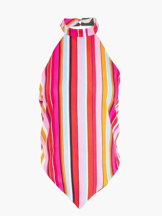 Women's Blouse Off-Shoulder Sleeveless with Neck Tie Striped Reversible