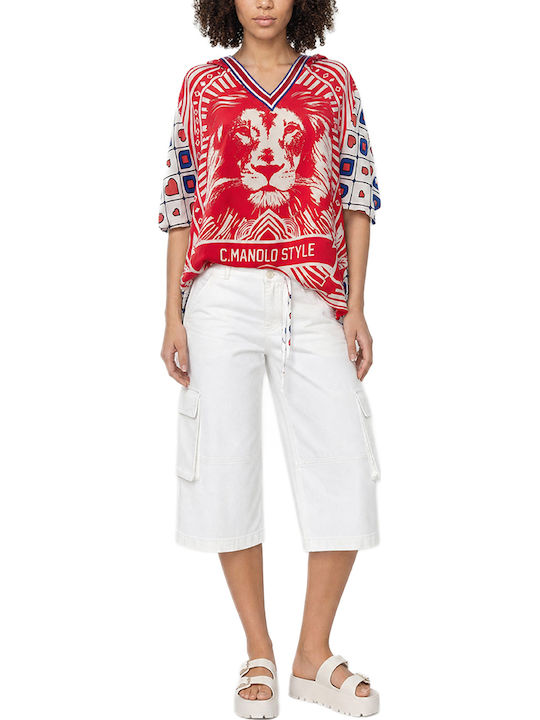 Women's Short Sleeve Hoodie Blouse Ecru- Red- Blue