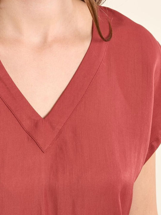 Women's Satin Short Sleeve Blouse with V Neckline Fountouki