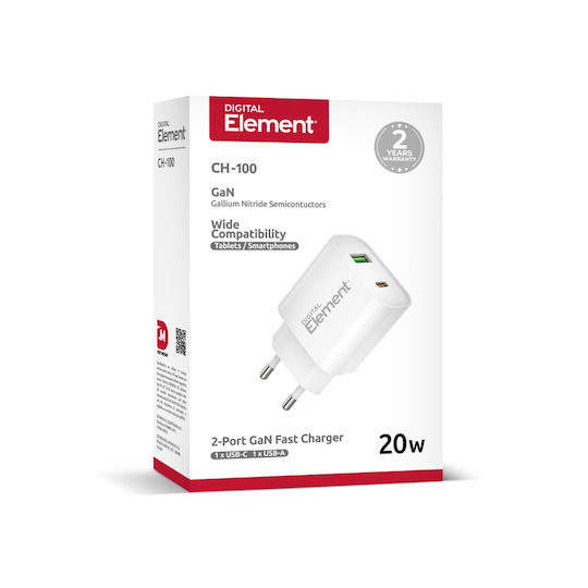 Element Φορτιστής Χωρίς Καλώδιο GaN με Θύρα USB-A και Θύρα USB-C 20W Power Delivery Λευκός (CH-100)