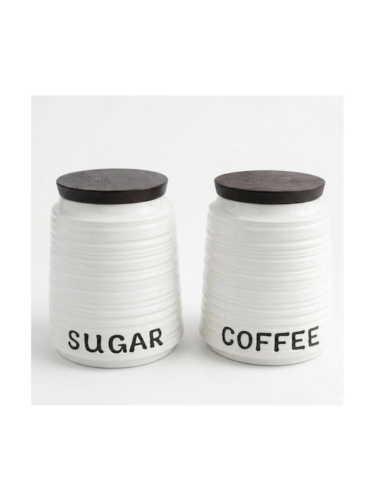 AGC Set 2 Pieces Sugar Coffee Jars with Lid Ceramic White 12x12x14.5cm 2 Pieces