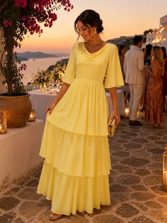 Stefanoudakis Summer Maxi Dress for Wedding Christening Drape Yellow