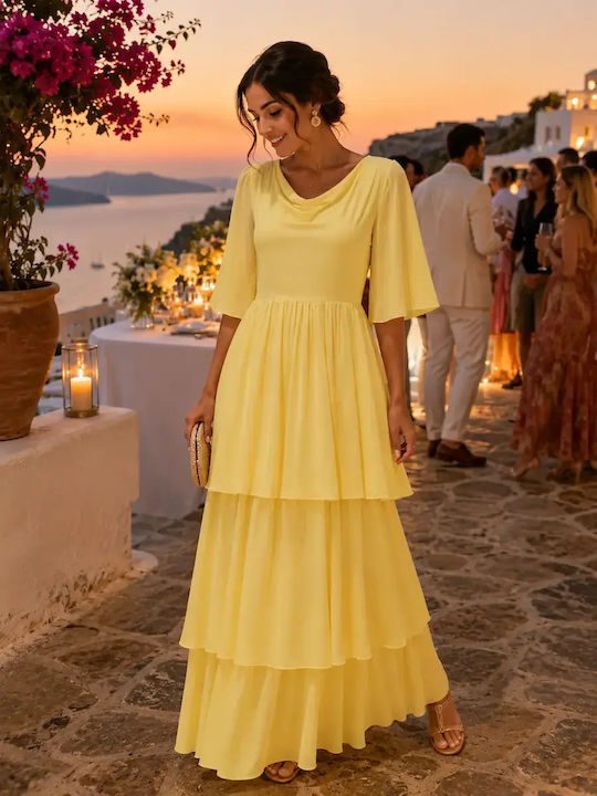Stefanoudakis Summer Maxi Dress for Wedding Christening Drape Yellow