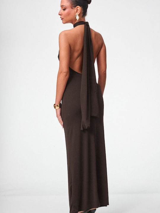 Summer Maxi Evening Dress Open Back Dark Brown