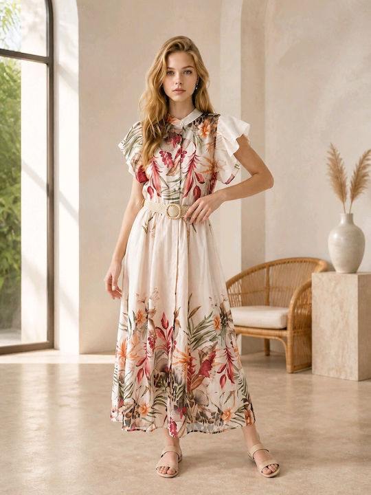 Summer Midi Dress with Ruffles Beige