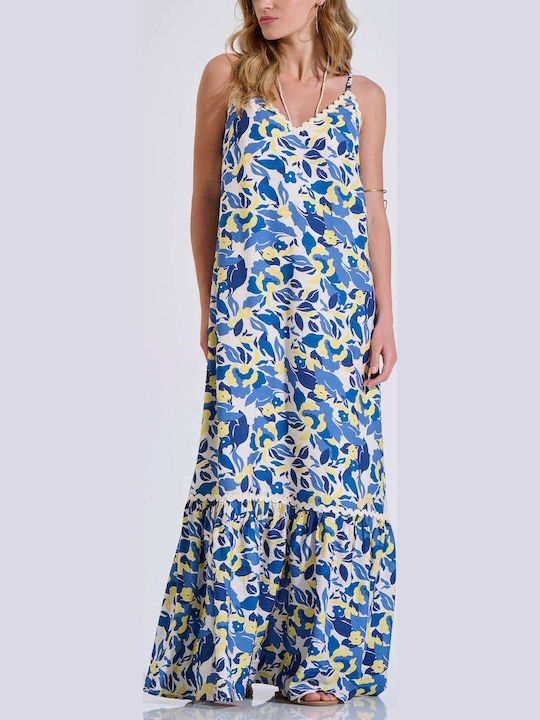 Summer Maxi Slip Dress with Ruffles Blue