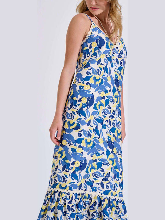 Summer Maxi Slip Dress with Ruffles Blue