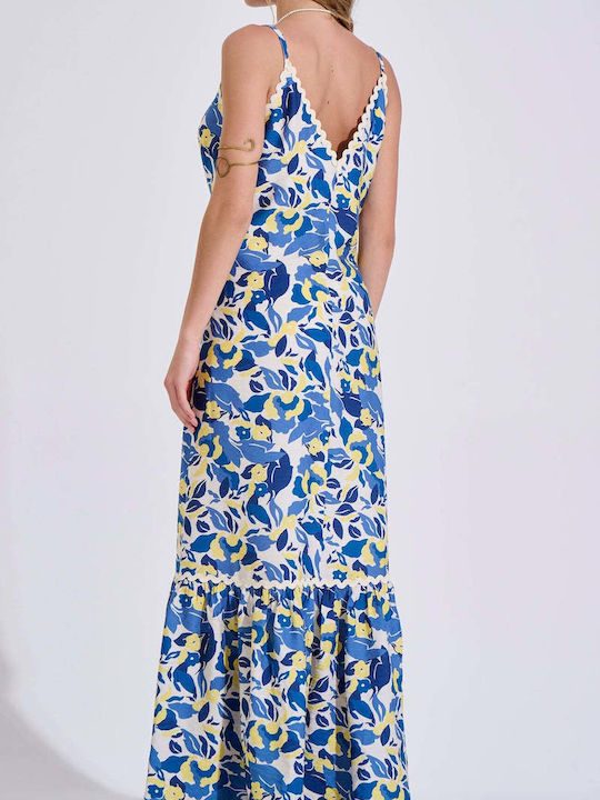 Summer Maxi Slip Dress with Ruffles Blue