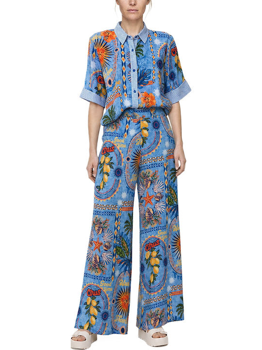 Women's High Waist Pantaloons with Rubber Band in Wide Leg Style Yellow-Orange-Blue