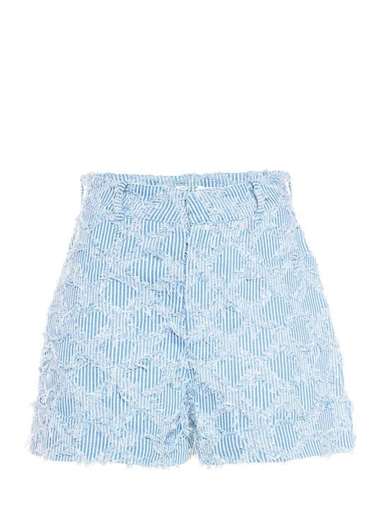 Pantaloni Scurți Denim cu Talie Înaltă pentru Femei Alb-Albastru