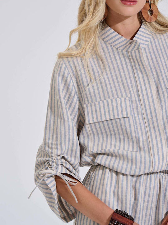 Short Sleeve Women's Linen Shirt Light Blue Striped