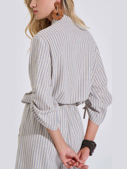 Short Sleeve Women's Linen Shirt Light Blue Striped