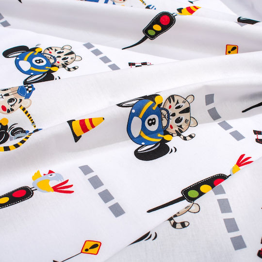 Dimcol Детски Чаршаф За Количка Памучен с Ластик Animal Grand Prix 589 Бял 70x140см