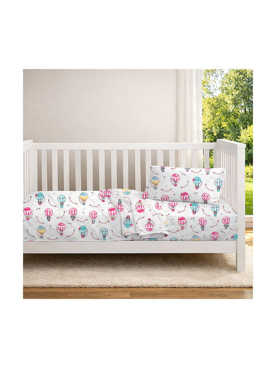Dimcol Детски Чаршаф За Количка Памучен с Ластик Floating Zoo 597 Бял 70x140см
