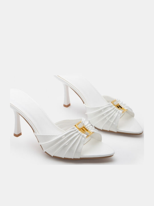 Suede Mules με Ψηλό Τακούνι σε Λευκό Χρώμα