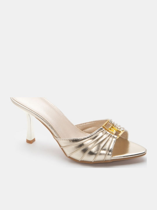 Suede Mules With High Heel In Gold Colour