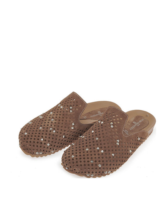 Flat Suede Mules In Tabac Brown Color