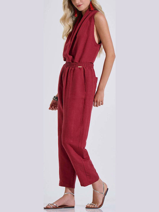 Women's Linen Trousers with Elastic Burgundy