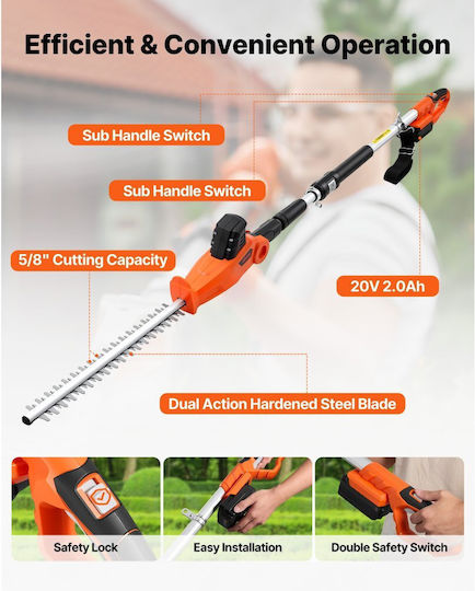 Vevor WXDDLLJ20AHGETIDM001V2 Telescopic Battery Hedge Trimmer 20V with Blade Length 45.72cm