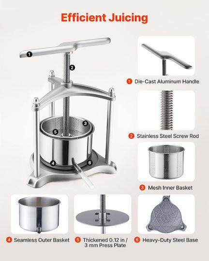 Vevor GJYZJLTMYS3LVL2T5001V0 Manual Grape Press 3 Litre