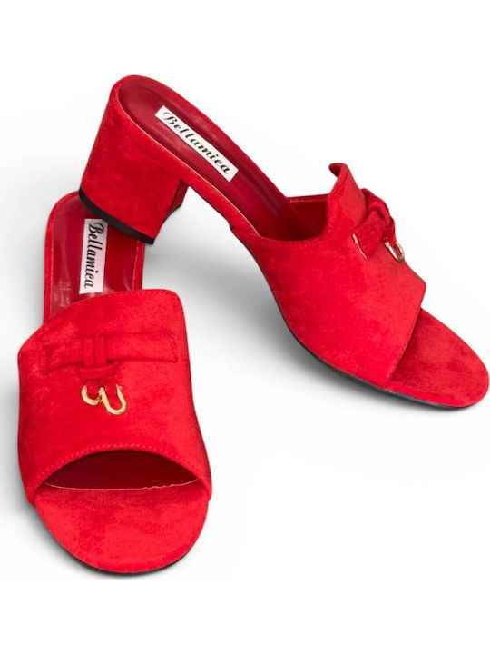 Suede Mules με Χοντρό Χαμηλό Τακούνι σε Κόκκινο Χρώμα