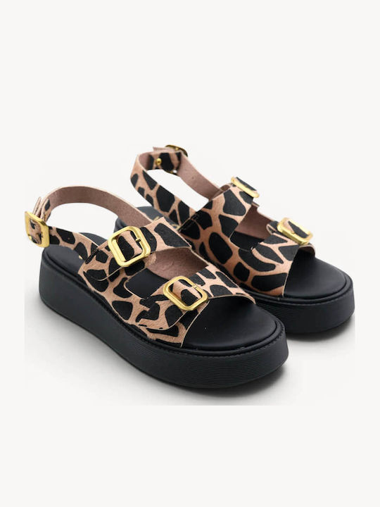Beige Print Leder Flatforms Doppelverstellbare Riemen