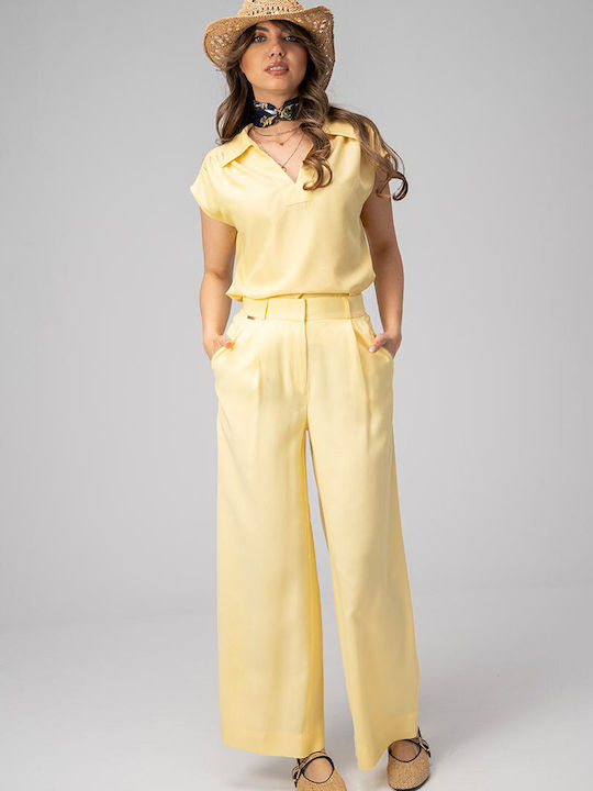 Meda Pantaloni Dama Palazzo High Rise Fit Galbeni