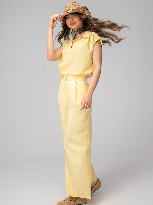 Meda Pantaloni Dama Palazzo High Rise Fit Galbeni