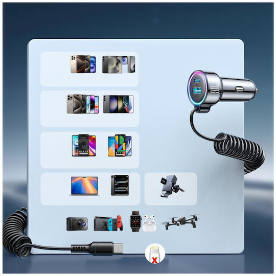 Joyroom JR-CL07 Φορτιστής Αυτοκινήτου 90W 3A με Θύρες: 1xUSB 1xType-C μαζί με Καλώδιο Type-C Μαύρο Χρώμα