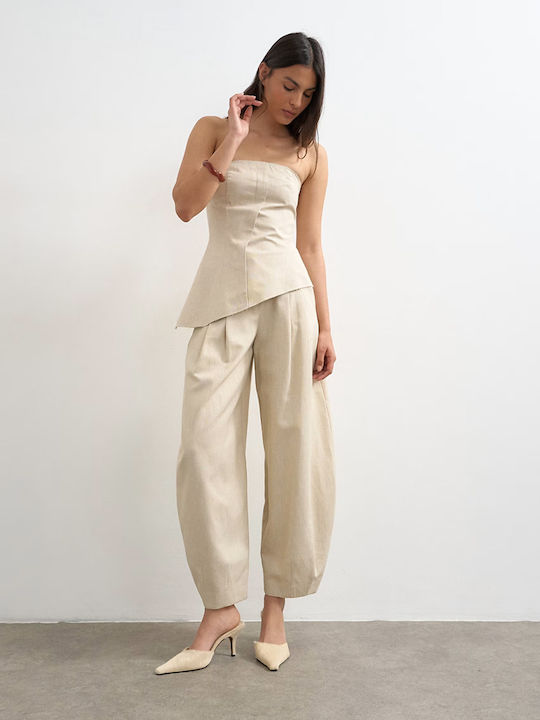 Women's Summer Crop Linen Beige Top