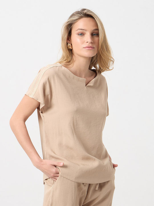 Damen Bluse Kurzärmelig Beige