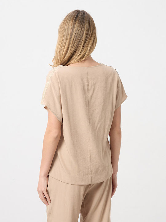 Damen Bluse Kurzärmelig Beige