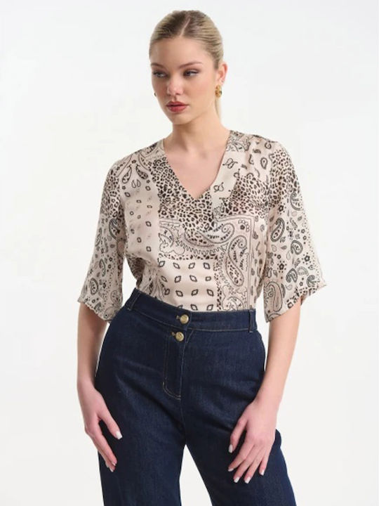 Women's Satin Short Sleeve Blouse with V-Neckline Beige