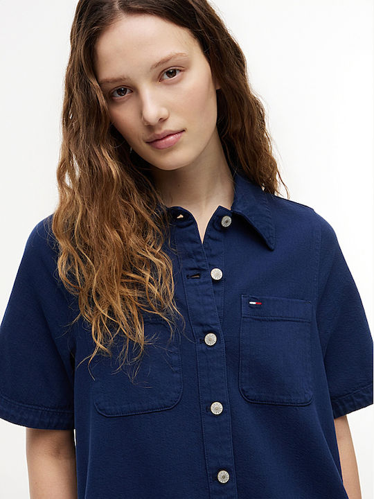 Summer Mini Shirt Dress Denim Navy Blue