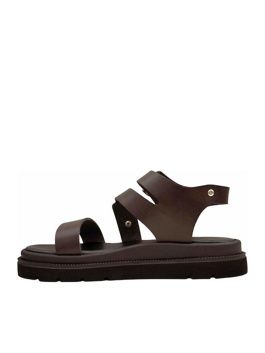 Δερμάτινα Γυναικεία Σανδάλια Flatforms Καφέ